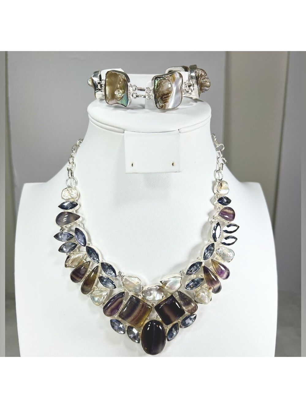 Beautiful 925 Fluorite Biwa Pearl & Amethyst Necklace & Bracelet Gemstone Set